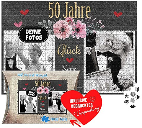 Foto-Puzzle selbst gestalten - 50 Jahre Glück - mit Namen, Datum und 2 Fotos personalisierbar, Geschenk zur goldenen Hochzeit | personalisiertes Geschenk, 1000 Teile, inkl. Kartonverpackung