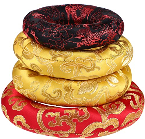 Vaguelly 4 Stücke Klangschalenkissen, 10/12/14/16cm Tibetische Klangschalen Unterlage Baumwolle Pad mit Traditionellen Mustern, Farben Sortiert