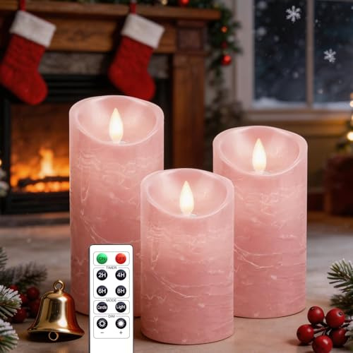 AiiBowy LED Velas [3 piezas] Velas sin llama, Velas al aire libre, llama parpadeante, Control remoto, Función de temporización, Ajustar las luces, Navidad, Cumpleaños, Fiestas, bodas Rosado