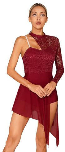 YiZYiF Donna Vestito da Balletto Abito da Danza Moderna Vestito da Latino Tango Salsa Rumba Samba Monospalla Body Ginnastica Ballerina per Saggio Dancewear Borgogna D M