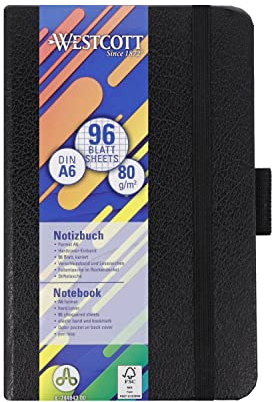 Westcott Notizbuch DIN A6 kariert | 192 Seiten im edlen Hardcover-Einband | 80 g/m² nachhaltiges FSC-Mix Papier | mit Innentasche, Lesezeichen, Gummizug und Stifthalter | E-744843 00
