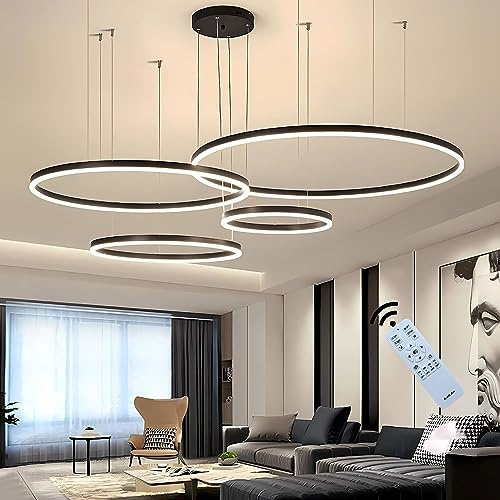 J.SUNUN LED Pendelleuchte Moderne Schwarz 4-Ring Separate Installation Kronleuchter Wohnzimmerlamp 90W Dimmbar Deckenbeleuchtung Für Schlafzimmer Wohnzimmer Esszimmer 20×40×60×80CM