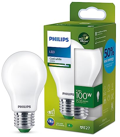 Philips LED Classic ultraeffiziente E27 Lampe, mit Energieeffizienzklasse A, ersetzt 100W, matt, kaltweiß, Weiß