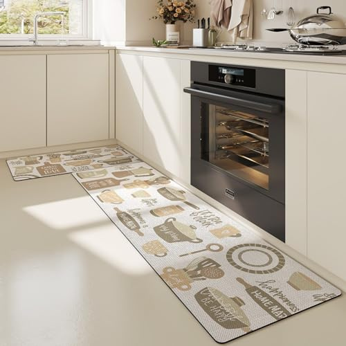 Sydzkjyxgs Küchenteppich Waschbar rutschfest, 2 Stück Set Teppich Läufer, Wasser- Und ölbeständige Fußmatten Aus PU-Leder Für Die Küche Zu Hause (45 * 75cm+45 * 150cm, Weiß)