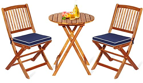 GOPLUS 3tlg. Gartenmöbel Set aus Akazienholz, klappbares Balkonmöbel-Set, inkl. Rundtisch und 2 Stühlen mit Kissen, Sitzgruppe, Sitzgarnitur, für Außenbereich (Blau)