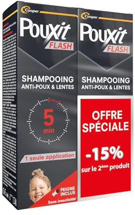 Pouxit - Flash - Shampooing Anti-poux et Lentes - Agit en 1 Application de 5 Minutes Seulement - Traitement du Cuir Chevelu - Lot de 2 - 2x100 ml