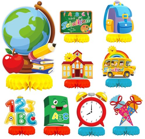 LOOPES 9 Stück Einschulung Deko Schulanfang Waben Tischdeko Schulkind 123 ABC Bienenwabe Tischdekorationen Schuleinführung Mittelstück Deko für Mädchen Jungen Schulanfang Einschulung Party Deko