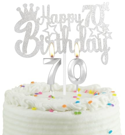 70th Silver Birthday Cake Candle Topper, Party Decoration for Boys, Girls, Men, Women - Wedding Anniversary