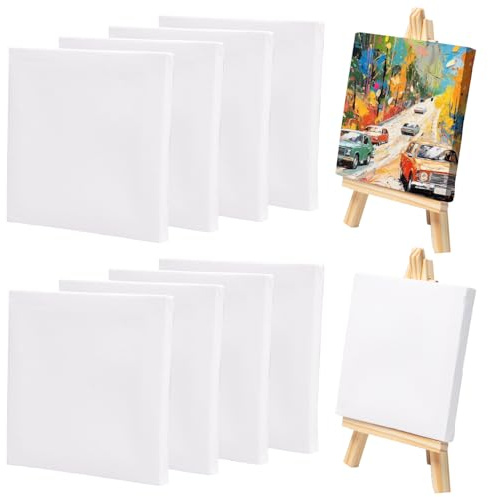 Neikafan 8 Stück Mini Leinwand and 2 x Mini Staffeleis Mini Leinwand mit Staffelei Holz Tischstaffelei,Kleine Leinwände 10x10cm,Staffelei 15x8cm für Handwerk Öl-Acryl-Malerei & Zeichnung Artis