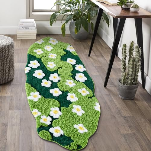 Ouyattle Badezimmerläufer mit niedlichem Blumenmuster, extralang 61x152 cm, rutschfest, waschbar, modern, schick, Boho, ästhetisch, trendig, Moos, Überwurf
