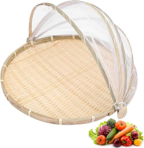 BeNtLi Bambus-Zeltkorb, Gewebter Lebensmittelkorb, 2 Stück, Kehrschaufelkorb, Picknickkorb, Fliegennetz, Obst, Gemüse, Kehrschaufel, Camping, Picknick (1 Pieces)
