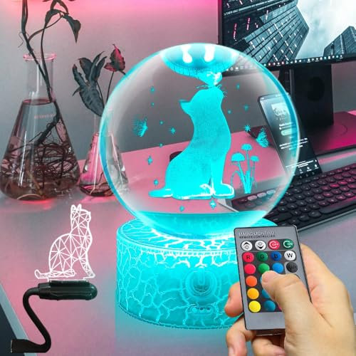 Fanrui 3D Cute Crystal Cat Butterfly and Carnation Figurina fermacarte con base a LED, 16 colori cambiano LED Dimmerabile Lampada da tavolo Decor, Gatti di vetro Regali per ragazze ragazzi bambini