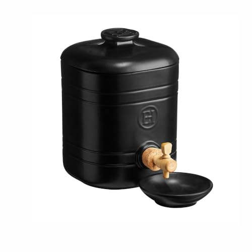 Emile Henry - Vinaigrier en céramique 2,5 L, noir mat, avec robinet en buis et bouchon liège