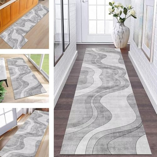 Teppich Läufer Küche Flur Waschbar Rutschfest Teppichläufer 60X180CM Meterware Läufer Teppich Grau Abstrakt Flurteppich Kinderzimmer Schlafzimmer Wohnzimmer Küchenläufer Teppich Anpassbar Dauerhaft