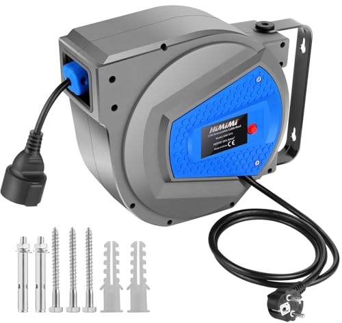 Himimi Automatik Kabeltrommel | 180° Wand Und Decke Montierte Einziehbare Stromtrommel | Geeignet für Outdoor, Garage, Camping | Overload Protection | 15m + 1m | Automatic Cable Reel 1500W ~ 3000W