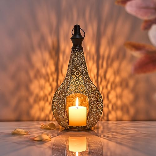 Lanterna marocchina da 29,5 cm, portacandela decorativa per decorazioni Ramadan, da appendere, per patio o portico, decorazione per la casa per interni, oro