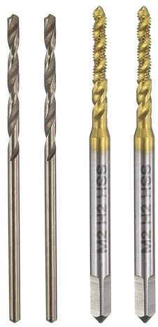 sourcing map Tap and Drill Bit Set, 2pcs M2 x 0.4 Metric Spiral Flute Thread Screw Taps & 2pcs 1.6mm Twist Drill Bits, Roasted Yellow M35 HSS-CO Tapping Threading Tool Kit