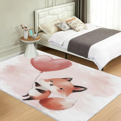 NAWVNMI Kurzflor Kinderteppich für Jungen und Mädchen 60 x 90 cm Cartoon - Fuchs Ballon - Waschbarer Teppich Extra Weich und Antiallergen - Teppich Kinderzimmer, Babyzimmer und Spielzimmer