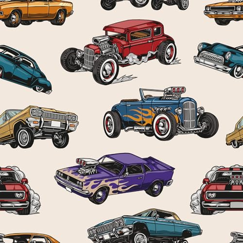Livelynine Bunt Klassische Muscle Cars Tapete Selbstklebend Kinderzimmer Junge Beige Wand Tapeten Wohnzimmer Muster Bad 44.5CMx7M Retro Auto Wandtapete Selbstklebend Rennwagen Möbelfolie Muster