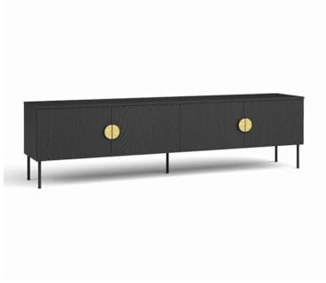 Meuble TV 4 Portes - Noir avec Poignées Dorées - 200 CM - Collection Mondo