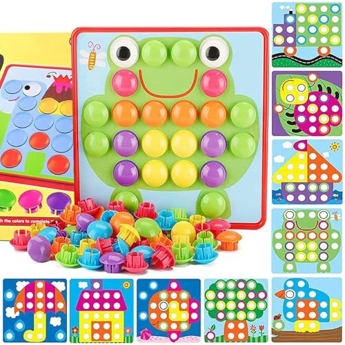 EOGRFW Mosaik Steckspiel Für Kinder, Kinderspiele Zum Lernen Von Farben | Bunte Steckspiel Mit 12 Motivkarten Und 46 Bunte Knöpfe, Kinder Lernspielzeug, Ab 2 3 4 Jahre