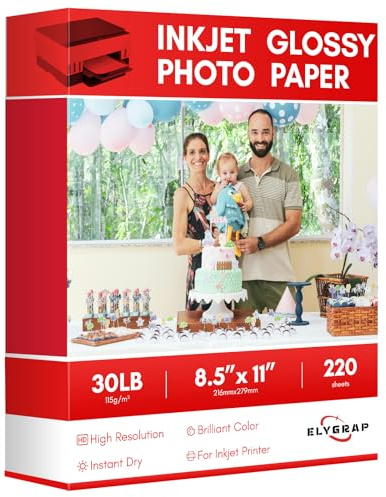 Elygrap 220 Sheets Glossy Thin Inkjet Printer Paper 115gsm 30Lb 8.5x11 Inches for DIY Chip Bag and Print Brochure Flyer,Compatible Inkje Printer and Dye ink