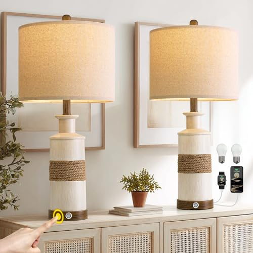 BOBOMOMO 24.5 Farmhouse Boho Table Lamps Set of 2, Hand-Woven Rattan Bedside Lamps with 3-Way Dimmable Touch Control & USB A+C Ports, Nightstand Lamp for Bedroom, Living Room, Corner (Bulbs Included)