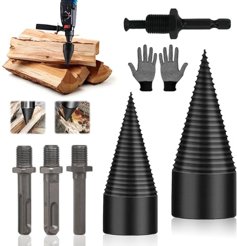 Foret À Bois pour Fendre du 42 mm + 32 mm, Fendeuse de Buches, Avec 4 Poignées de Forage, Tige Conique Fendeuse Bois, Foret Fendeur de Bois, Fendeuse de Bois pour Outil de Travail du Bois