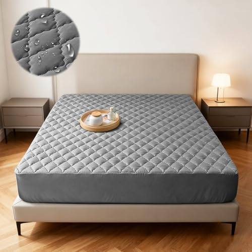 RANJIMA Wasserdichter Matratzenschoner 180x200 cm, 2‑in‑1 Spannbettlaken atmungsaktiver Matratzenauflage waschbarer Nässeschutz und Matratzenbezug für Haushalt Gästebett, Dunkelgrau