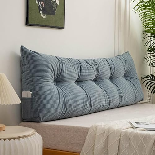 Genérico Cojín De Pana para Respaldo De Cama, Almohada De Lectura Lavable para Adultos, Cojín De Cuña para Cabecero De Sofá, con Funda Extraíble Y Bolsillo Lateral, Cojín Lumbar,Azul,40x120cm