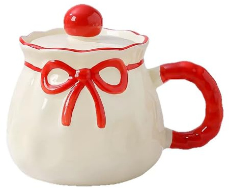 VollfitYYu Kaffeetasse mit Deckel Cute Schleife Kaffeebecher Frühstückstasse Keramik Milchtasse mit Henkel für Valentinstag Muttertag Geburtstag Jubiläum Weihnachten Neujahr (Rot)