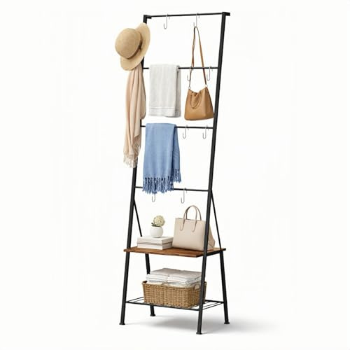 CADUKE Blanket Ladder with Storage Shelf, Blanket Rack with 8 Removable Hooks, Towel Ladder for Bathroom Living Room and Bedroom, Rustic Brown