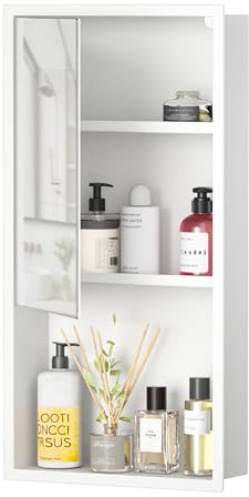 Bernkot Medicine Cabinet, in Wall Niche Cabinet w/Glass Door for Bathroom Storage, 304 Stainless Steel 3-Tier Vertical Cabinet (White)