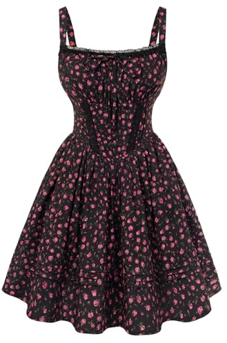 SCARLET DARKNESS Women Summer Dresses Floral Mini Corset Dress Beach Party Sleeveless Spaghetti Strap A-Line Sundress Black Floral XL