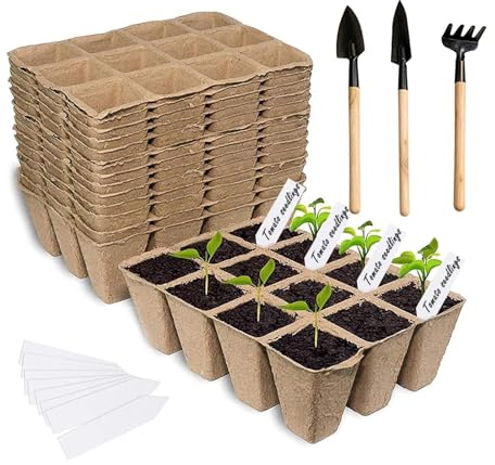 240 Cells Seed Trays, 20 Pack 12 Grids Biodegradable Seedling Starter Pots | with 200 Labels & Plant Tools, Vegetable Seed Compost Trays for Greenhouse Indoor Outdoor