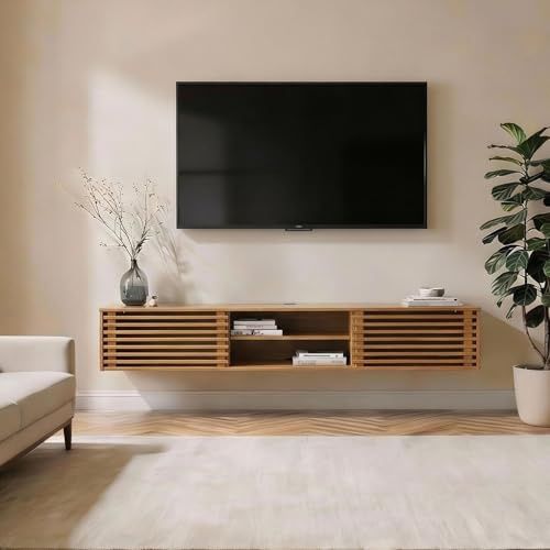 IDIMEX Lowboard RIAN, 175 cm hängend aus Massivholz, Eiche Finish - TV Schrank mit Lamellentüren, Wohnzimmermöbel im Mid Century Style, Wandmontage ideal für Fernseher [max. Belastbarkeit 50 kg]