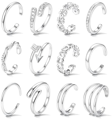 FIASASO 12Pcs Toe Rings for Women - 14K Gold Filled Toe Ring Non Tarnish Adjustable Simple Hug CZ Thin Band Toe Rings Summer Beach Foot Jewelry for Women