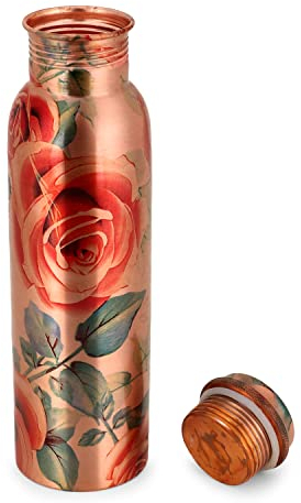 Zap Impex Traveller Trinkflasche aus reinem Kupfer, Wasserflasche mit Blumendruck für ayurvedische Gesundheitsvorteile, gelenkfrei, auslaufsicher (Kupfer, 900 ml)