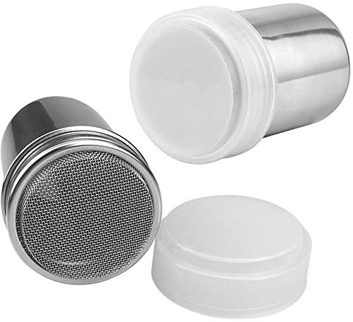Onwon 2 Pieces Powder Sugar Shaker with Lid - Stainless Steel Fine Mesh Shaker Cinnamon Icing Sugar Powder Cocoa Flour Chocolate Coffee Sifter Sprinkler Dredgers for Coffee Cappuccino Latte