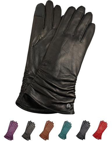 AKAROA ESTD 2019 Lederhandschuhe Damen BEA, Touchscreen Funktion, italienisches Leder, recyceltes Strickfutter aus 50% Kaschmir und 50% Wolle, 4 Größen S - XL