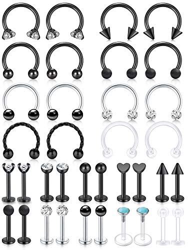 AceFun lippenpiercing Nasenpiercing Ringe Chirurgenstahl 16G schwarz Lippenpiercing stecker 36 Stück Lippenring Tragus Helix Knorpel Ohr Piercing 8mm