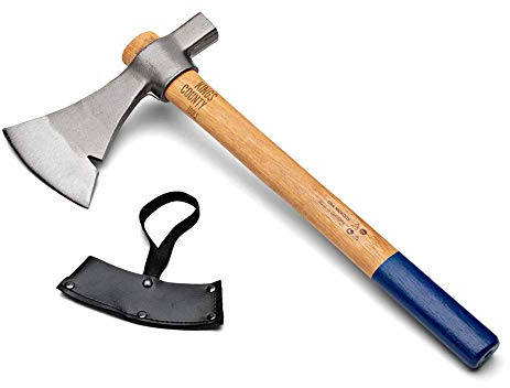 Camping Hatchet - Tomahawk Axe with German-Forged Carbon Steel Blade with 4-1/2” Curved Cutting Edge - USA Hickory Handle Camp Axe for Splitting Wood and Hammering Stakes by Kings County Tools