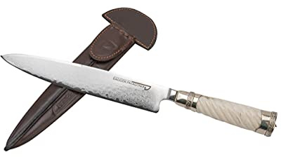 Generic Damascus steel knife with turned bone handle and nickel silver finish and leather sheath traditional from Argentina (Gaucho), 12.5
