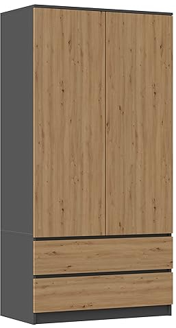 CDF Moderner Schrank Malwa SS-90 | Farbe: Anthrazit – Eiche Artisan | Ideal für EIN Schlafzimmer, Flur, Kinderzimmer oder Büro | Kleiderständer, Garderobenständer | 4 praktische Einlegebögen