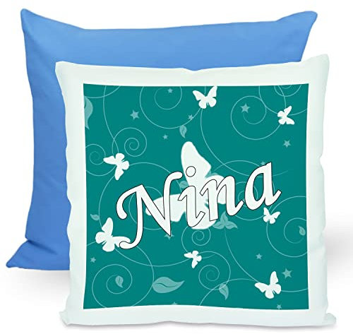 CreaDesign, Kinder Kissen 40x40 cm personalisiert mit Namen, Kinderzimmer Deko Kissen Kinder mit Füllung Federn, Motiv Schmetterling Petrol, Rückenfarbe Blau
