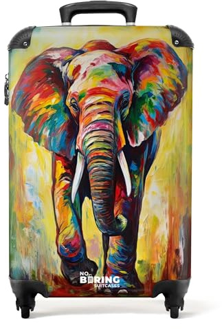 NoBoringSuitcases© Handgepäck Koffer Trolley Reisekoffer Handgepäck-Koffer | 55x35x20 cm - 4 Rollen Leicht Carry on Luggage Hartschalenkoffer Ölfarbe - Elefant - Farbenfroh