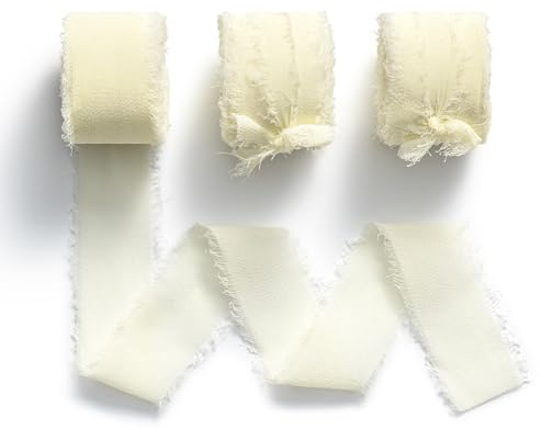 MORSUNBELA Geschenkband Breit Schleifenband Hochzeit Chiffonband Beige | 3 Rollen Chiffonband mit Fransen, 25 mm x 6,4 m,breites Geschenkband für Hochzeit,Geburtstag,Geschenkverpackung