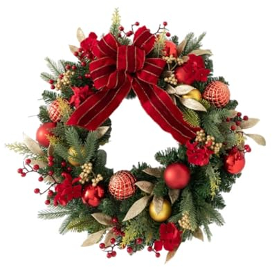 PEKJI Weihnachtskranz für die Haustür mit Schleifen und Kugeln, künstliche Weihnachtsgirlande, Rattan-Kreis, Kunststoff, Winterdekoration zum Aufhängen