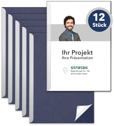 STRATAG Klemmschienen-Set (12 Stück) mit transparentem Deckel aus PP Kunststoff sowie Binderücken aus stabilem 375 g/m² Karton (Klemmmappe A4 Blau Marineblau)