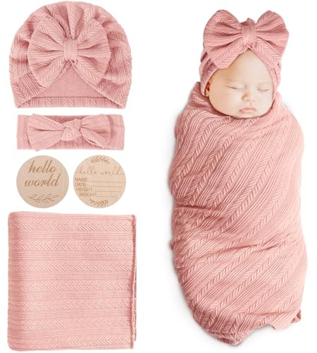 DRESHOW BQUBO Baby Swaddle Blankets for Girls, 4PCS Newborn Accessories Set with Matching Hat and Bow Headband with Card